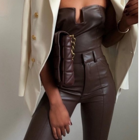 ZARA Brown Faux Leather Bodysuit Strapless Blogger Piece Size Medium BRAND NEW - Picture 2 of 12